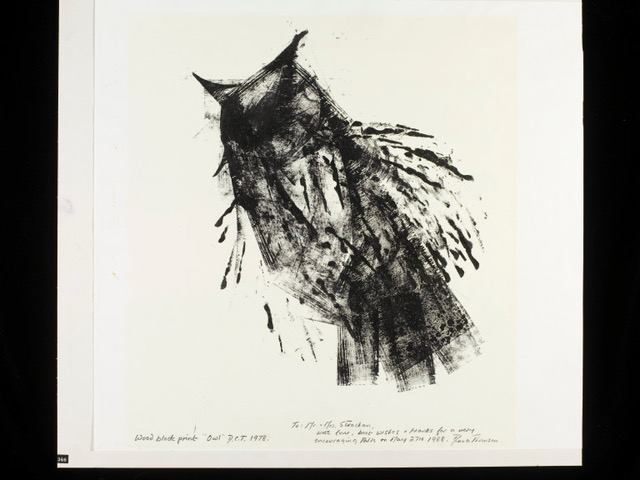 Owl - Wood block print in ink on paper